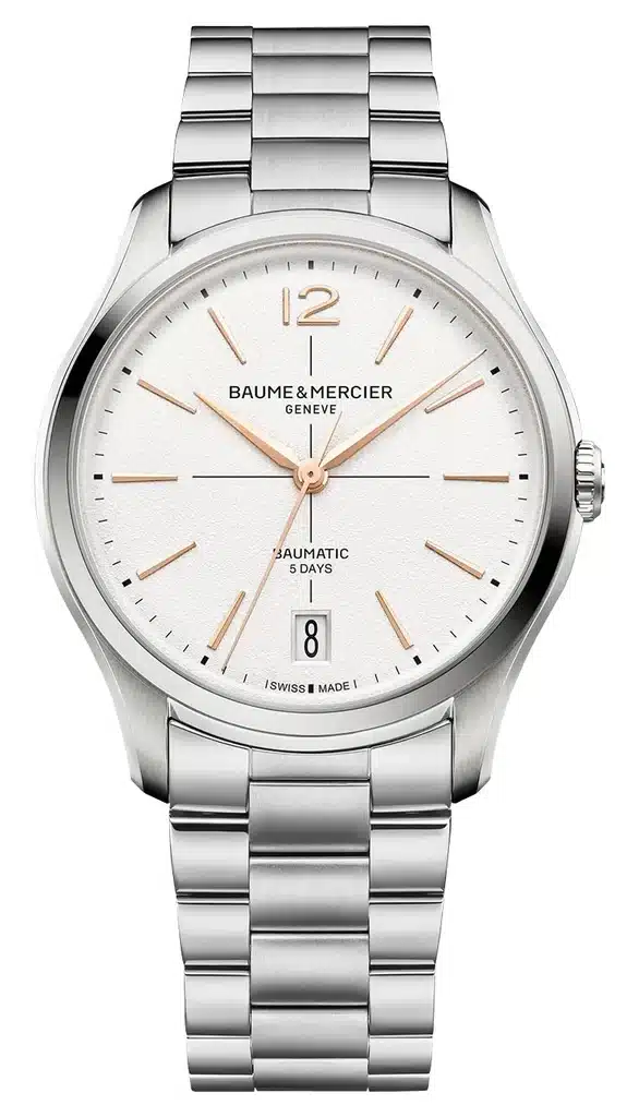 Baume & Mercier Clifton Baumatic off-white M0A10793, indici dorati e bracciale in acciaio, vista frontale