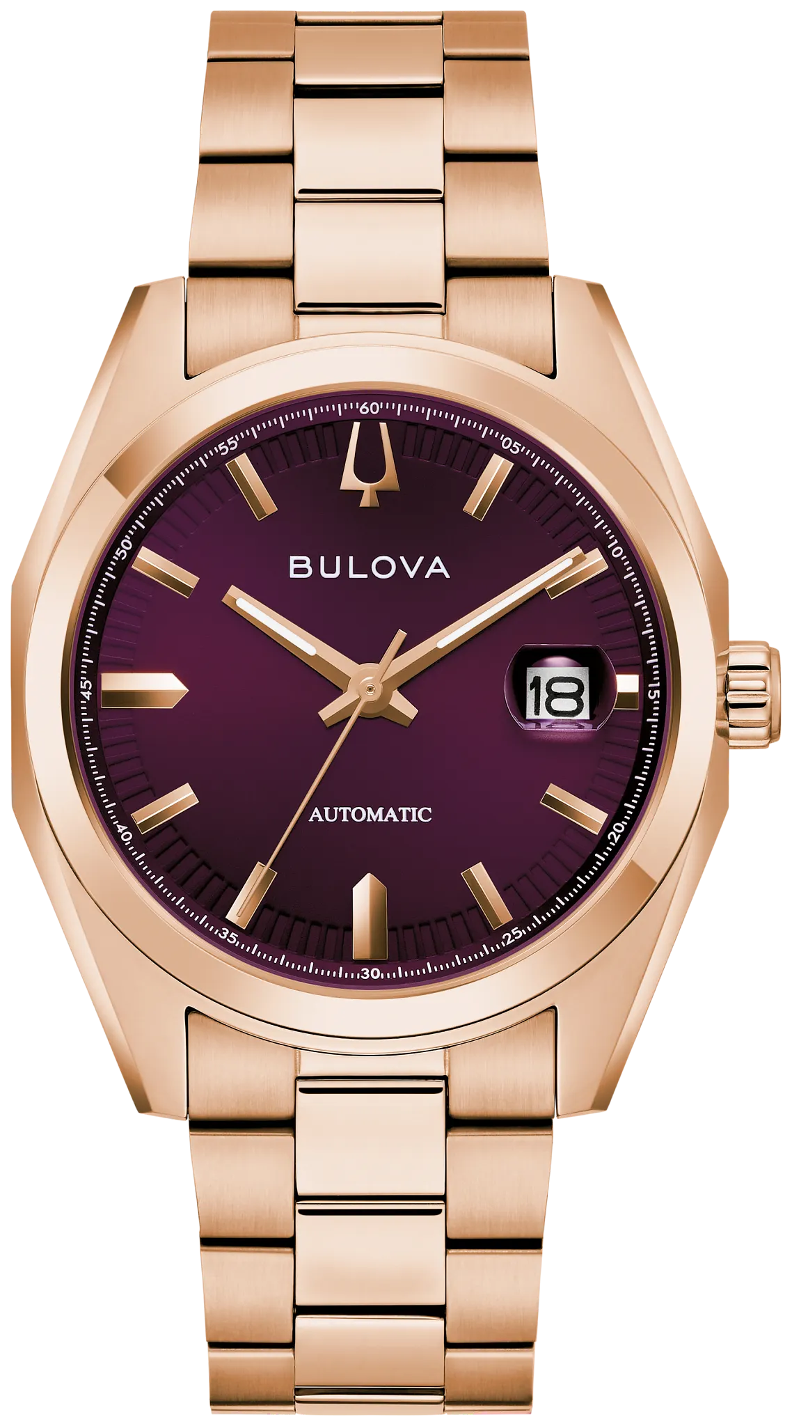 Bulova Surveyor Automatic 97B234, quadrante melanzana soleil e bracciale color oro rosa, vista frontale