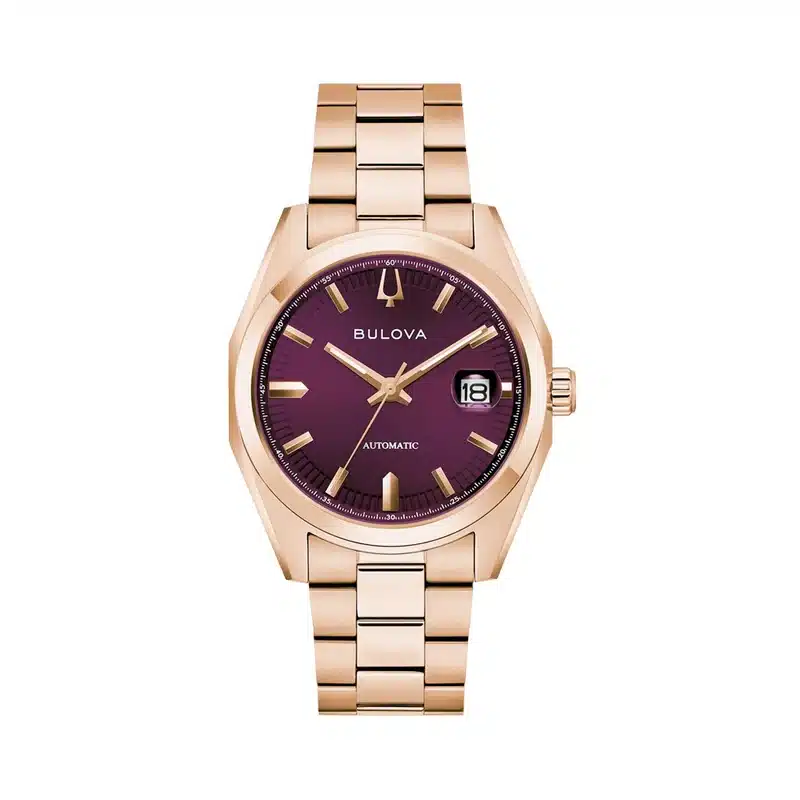 Bulova Surveyor 97B234 da 39 mm con cassa sfaccettata color oro rosa e data con lente, vista frontale