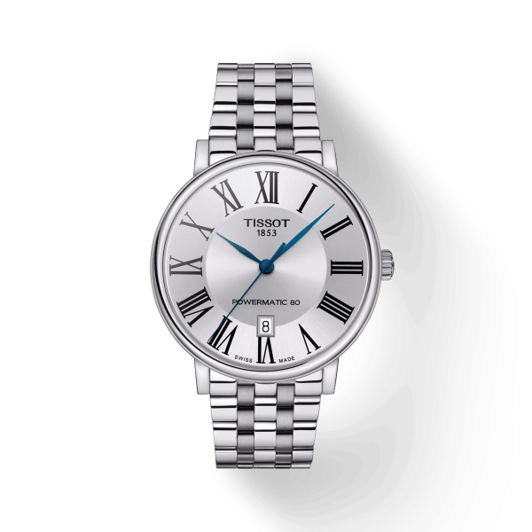 Tissot Carson Premium Powermatic 80 T122.407.11.033.00, quadrante argentato con numeri romani, vista frontale