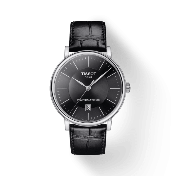 Tissot Carson Premium Powermatic 80 T122.407.16.051.00, quadrante nero con indici a bastone, vista frontale