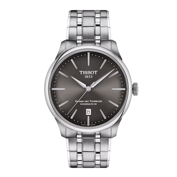 Tissot Chemin des Tourelles Powermatic 80 T139.807.11.061.00 con quadrante grigio antracite, vista frontale