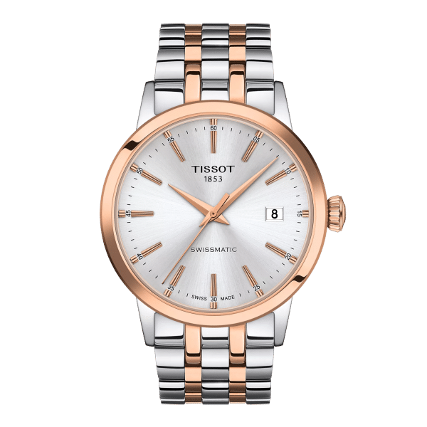 Tissot Classic Dream Swissmatic T129.407.22.031.00 bicolore con quadrante argento, vista frontale