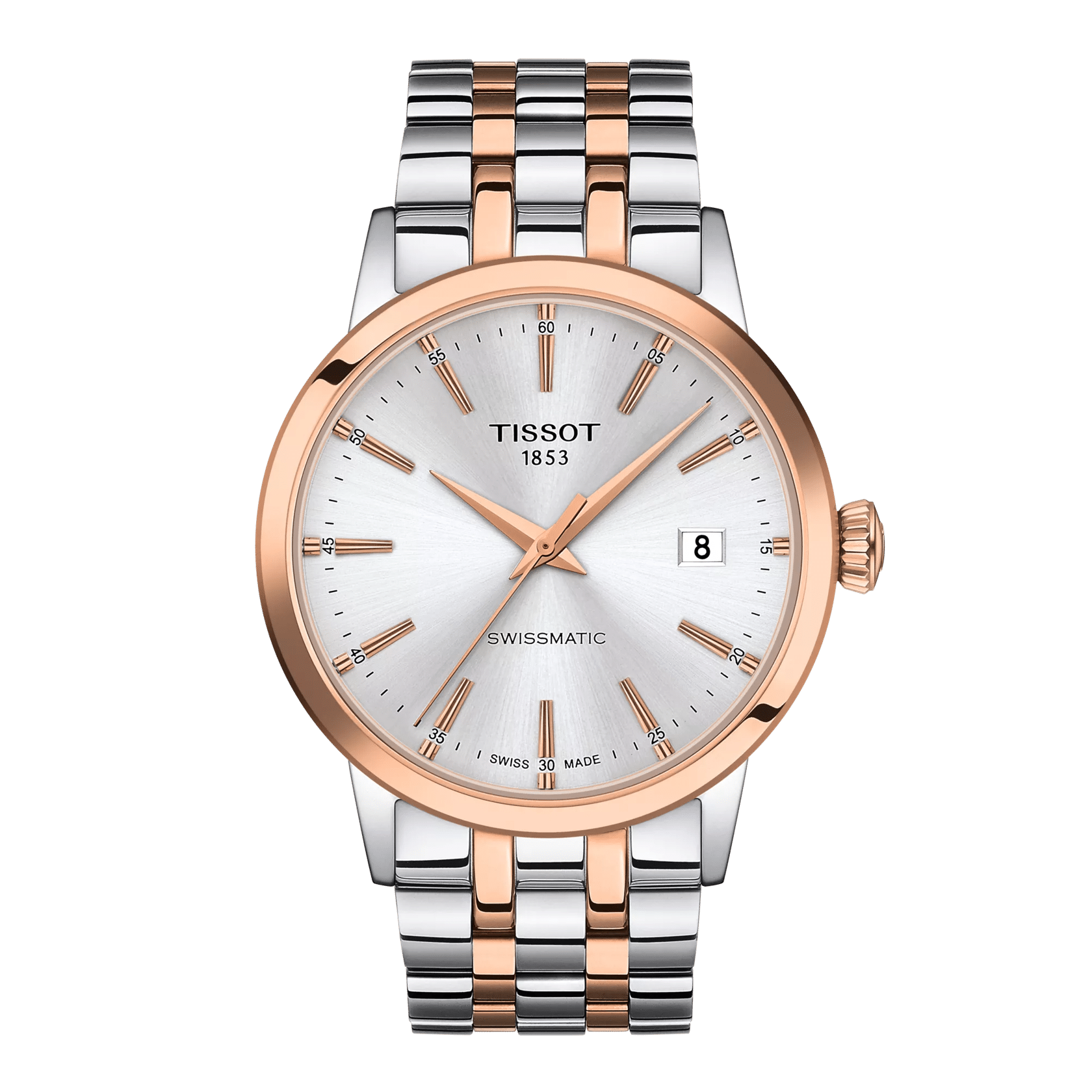 Tissot Classic Dream Swissmatic T129.407.22.031.00 bicolore con quadrante argento, vista frontale