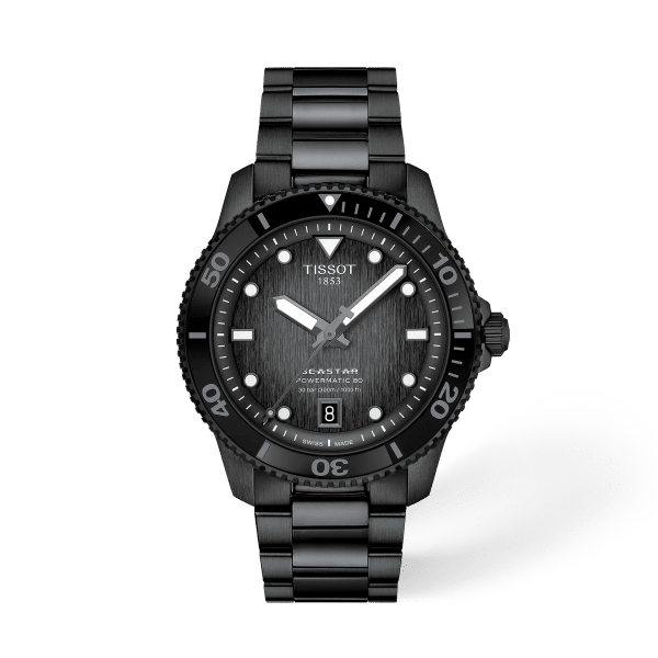 Tissot Seastar 1000 Powermatic 80 T120.807.33.051.00 in PVD nero con quadrante grigio sfumato, vista frontale