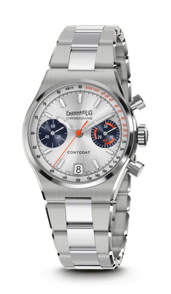 Eberhard Contodat Chronographe 31156.03 CA2C, quadrante argenté con contatori blu e bracciale in acciaio