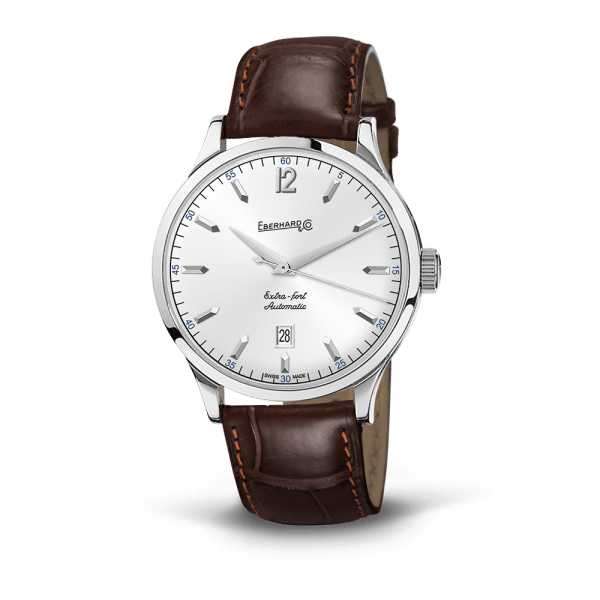 Eberhard Extra-fort Automatic 41029.1 CP, quadrante argenté e cinturino in alligatore marrone, vista frontale