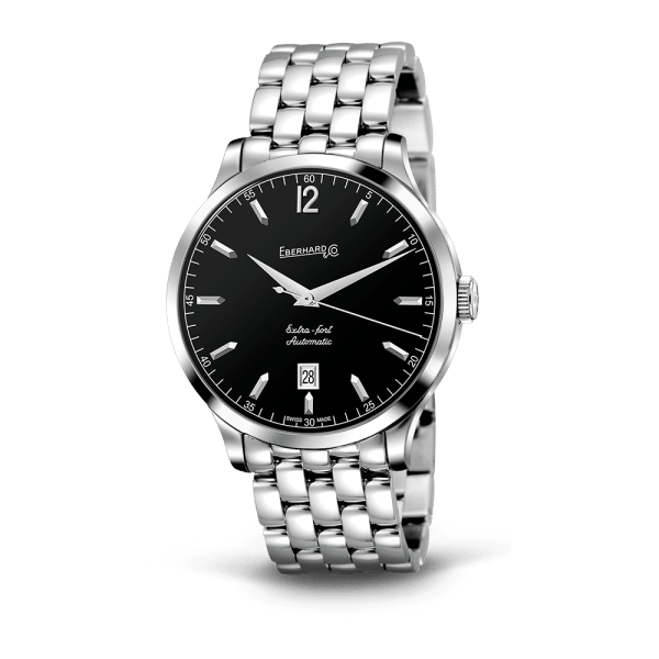 Eberhard Extra-fort Automatic 41029.2 CA99, quadrante nero e bracciale Chaque in acciaio, vista frontale