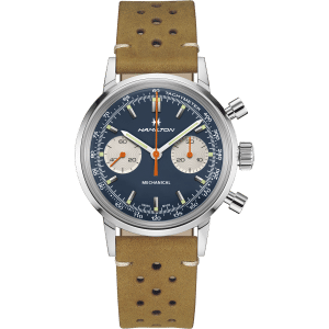Hamilton Intra-Matic Chronograph H H38429541, quadrante blu e cinturino in pelle traforata, vista frontale
