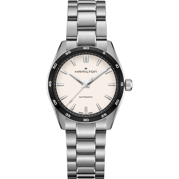 Hamilton Jazzmaster Performer H36205110, quadrante bianco e bracciale in acciaio, vista frontale