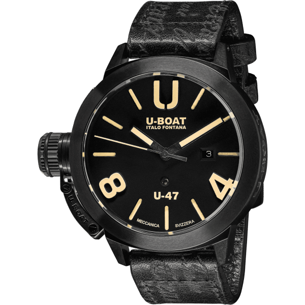 U-BOAT Classico U-47 AB1 9160, cassa in acciaio PVD nero e quadrante nero, vista frontale